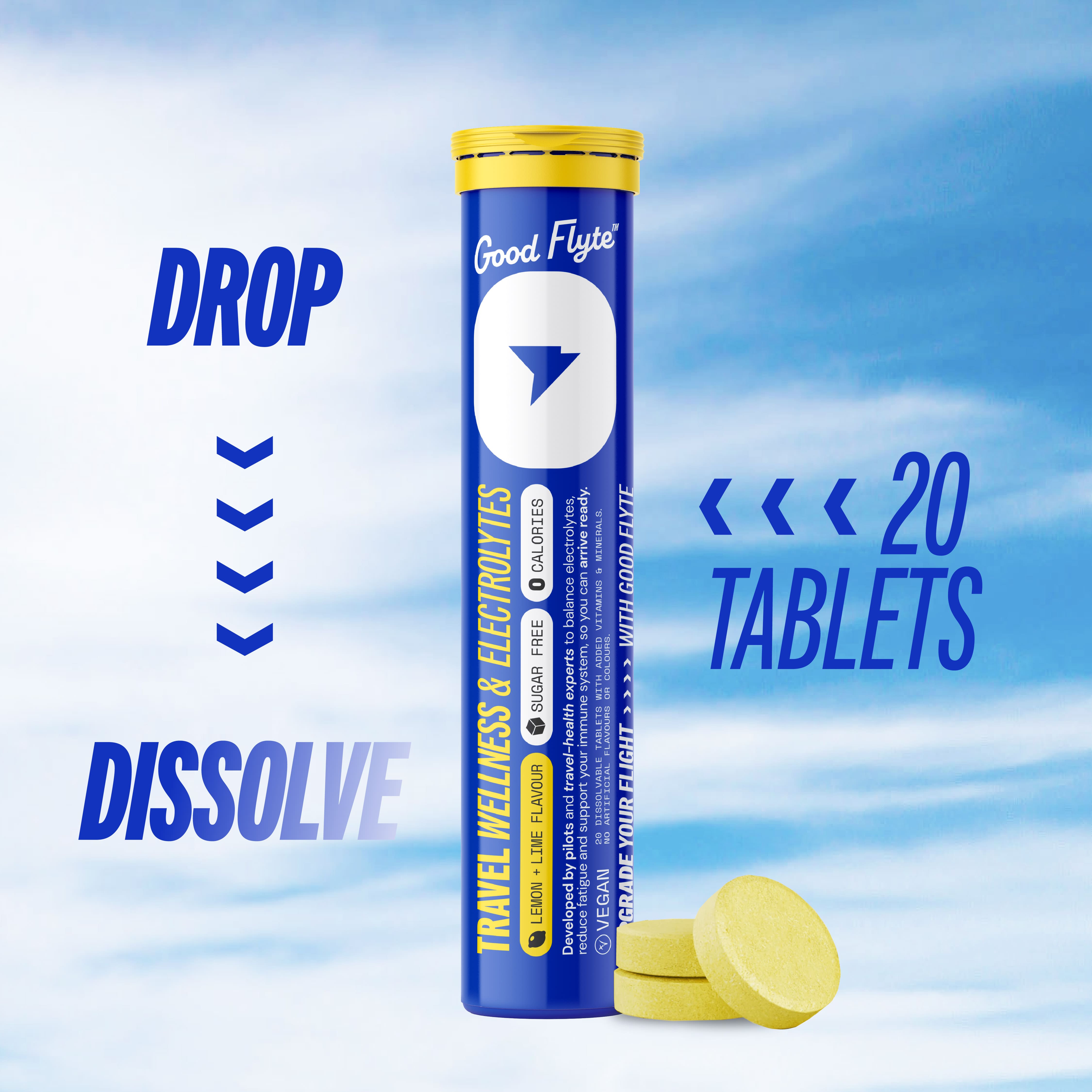 Good Flyte Travel Wellness & Electrolytes tablets in tube with instructions to drop and dissolve.