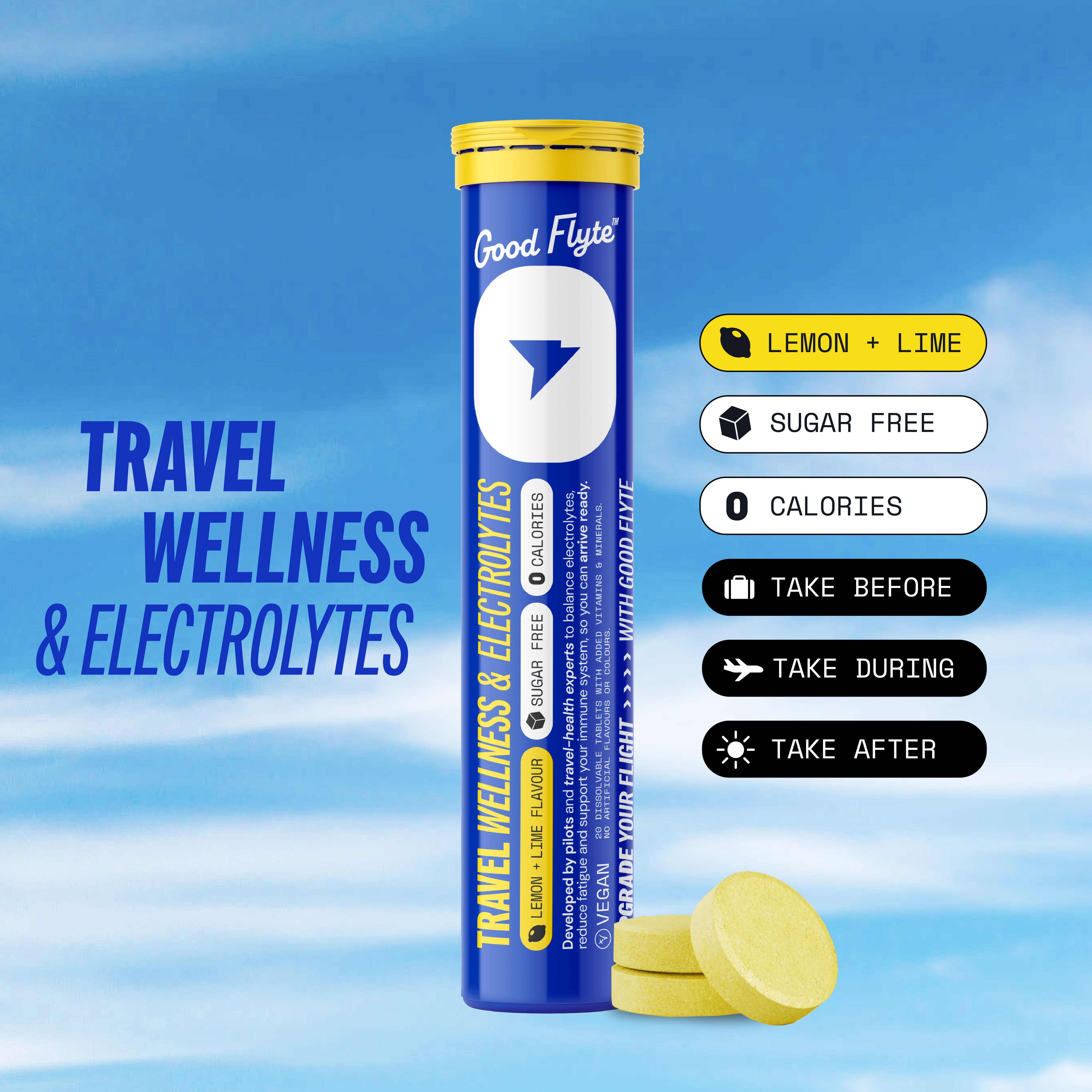 Good Flyte Travel Wellness & Electrolytes effervescent tablets in a travel-friendly tube on a blue background.
